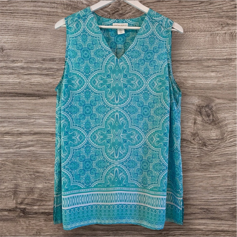 Cynthia Rowley Teal Print Sleeveless Blouse Size 1X